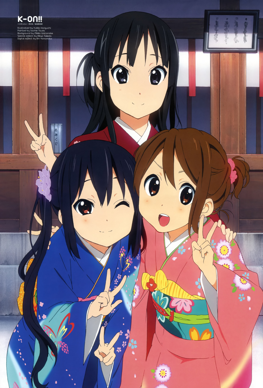 3girls, :d, absurdres, akiyama_mio, black_eyes, black_hair, brown_eyes, brown_hair