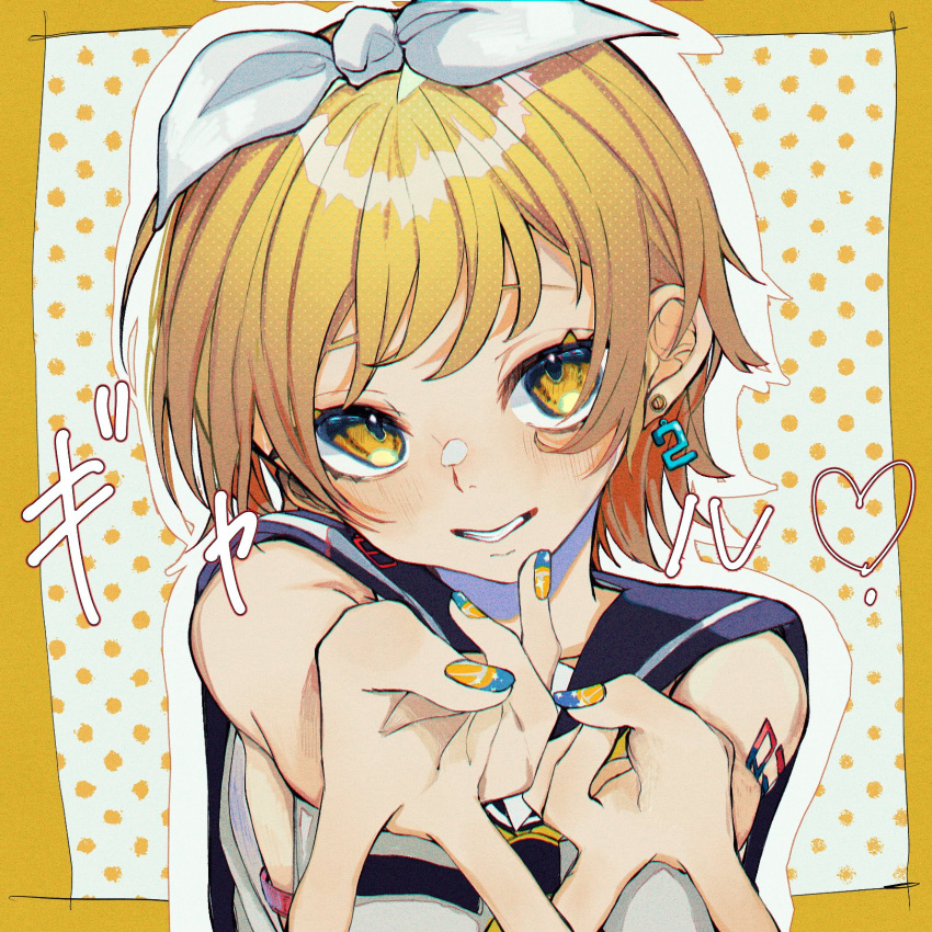 1girl, arm_tattoo, bare_shoulders, black_sailor_collar, blonde_hair, blush, border, bow