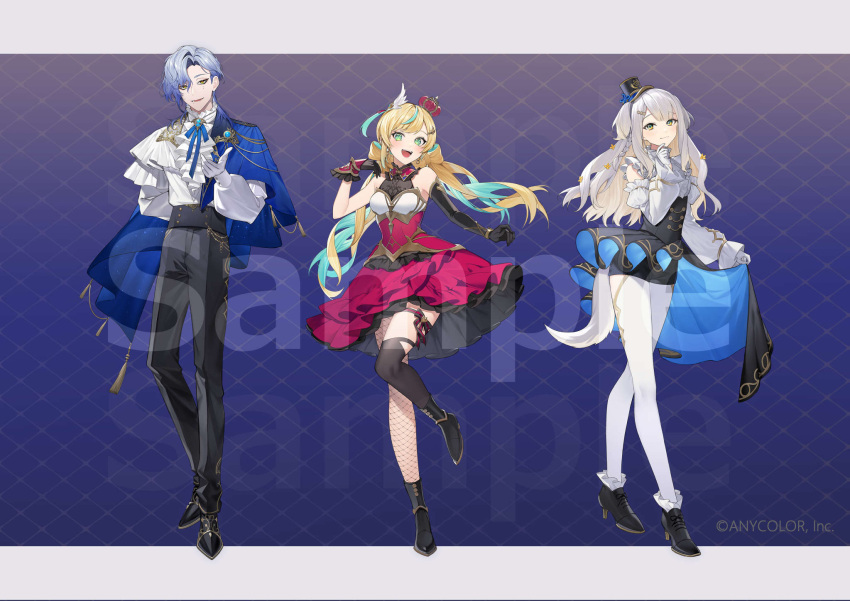 1boy, 2girls, :d, ankle_boots, aqua_hair, arm_behind_back, ascot, asymmetrical_gloves