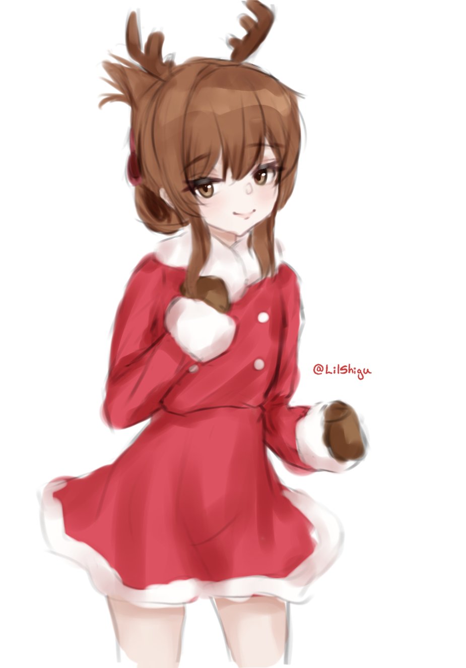 1girl, alternate_costume, antlers, brown_eyes, brown_hair, brown_mittens, cowboy_shot, dress
