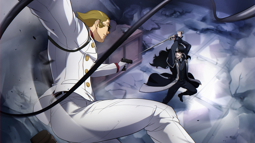 2boys, absurdres, ace_attorney, arms_up, black_coat, black_footwear, black_hair, black_necktie
