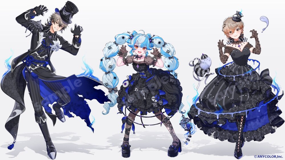 1boy, 2girls, :d, alternate_costume, ascot, black_ascot, black_bow, black_bowtie