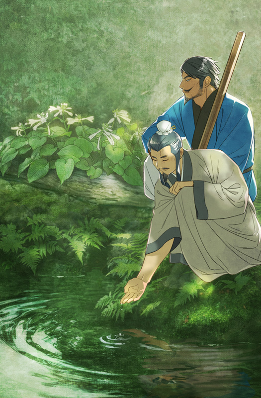 2boys, beard, black_hair, bun_cover, cao_cao_(sangoku_musou), character_request, chinese_clothes, chosan_(asa)