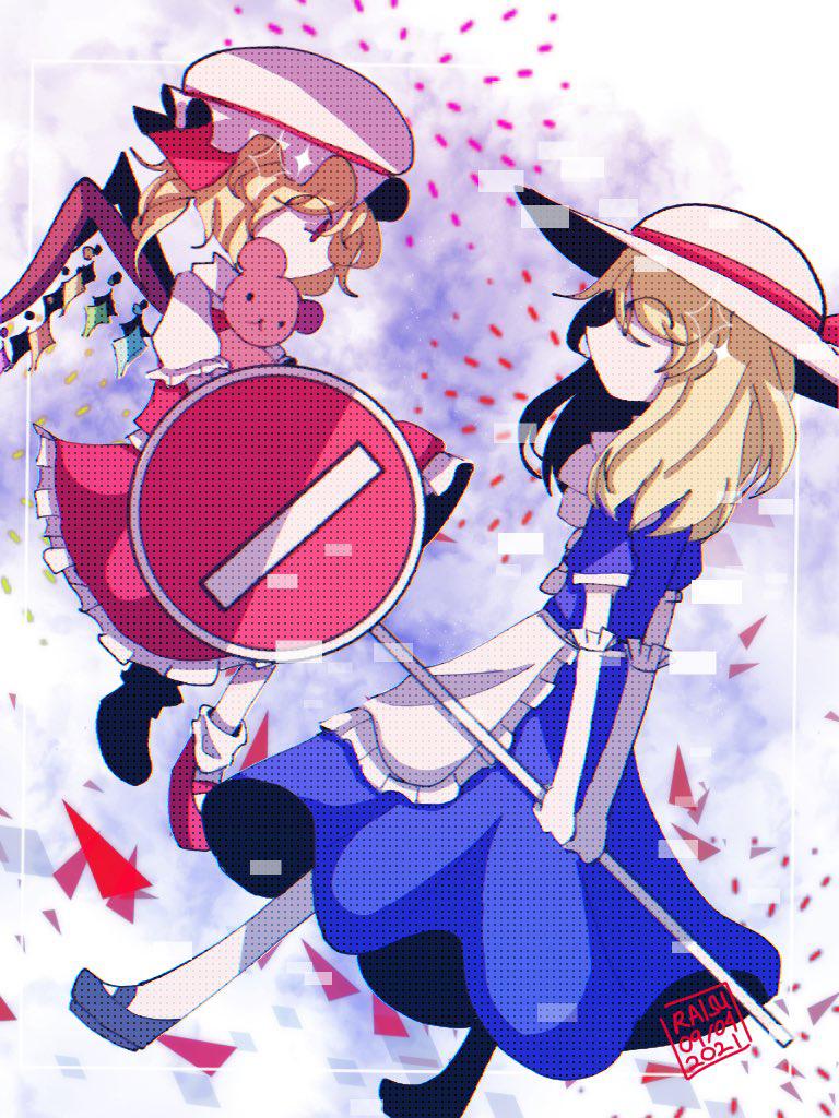 2girls, ankle_socks, apron, arms_behind_back, artist_name, blonde_hair, blue_dress, blue_footwear