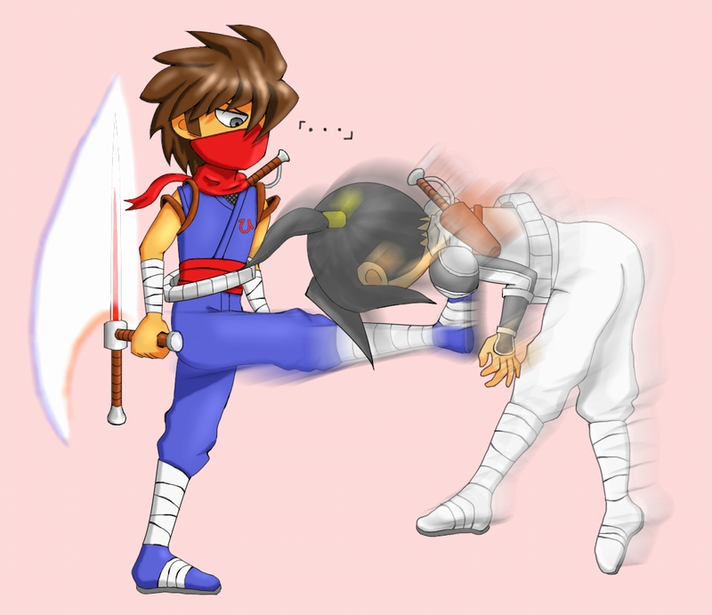 brown_hair, capcom, chibi, grey_eyes, kicking, ludwig, motion_blur, ninja