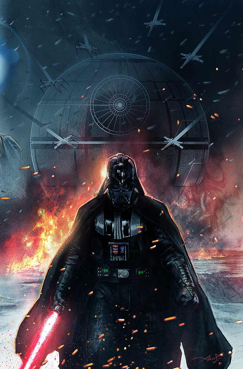 1boy, aleksi_briklot, black_cape, black_helmet, cape, darth_vader, death_star, embers, energy_sword, helmet, highres, holding_lightsaber, lightsaber, red_lightsaber, solo, spacecraft, star_wars, sword, weapon