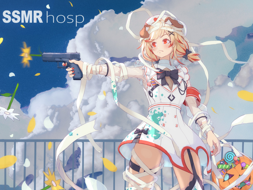 1girl, animal_ears, armband, bandages, black_bow, black_bowtie, blonde_hair, blue_sky