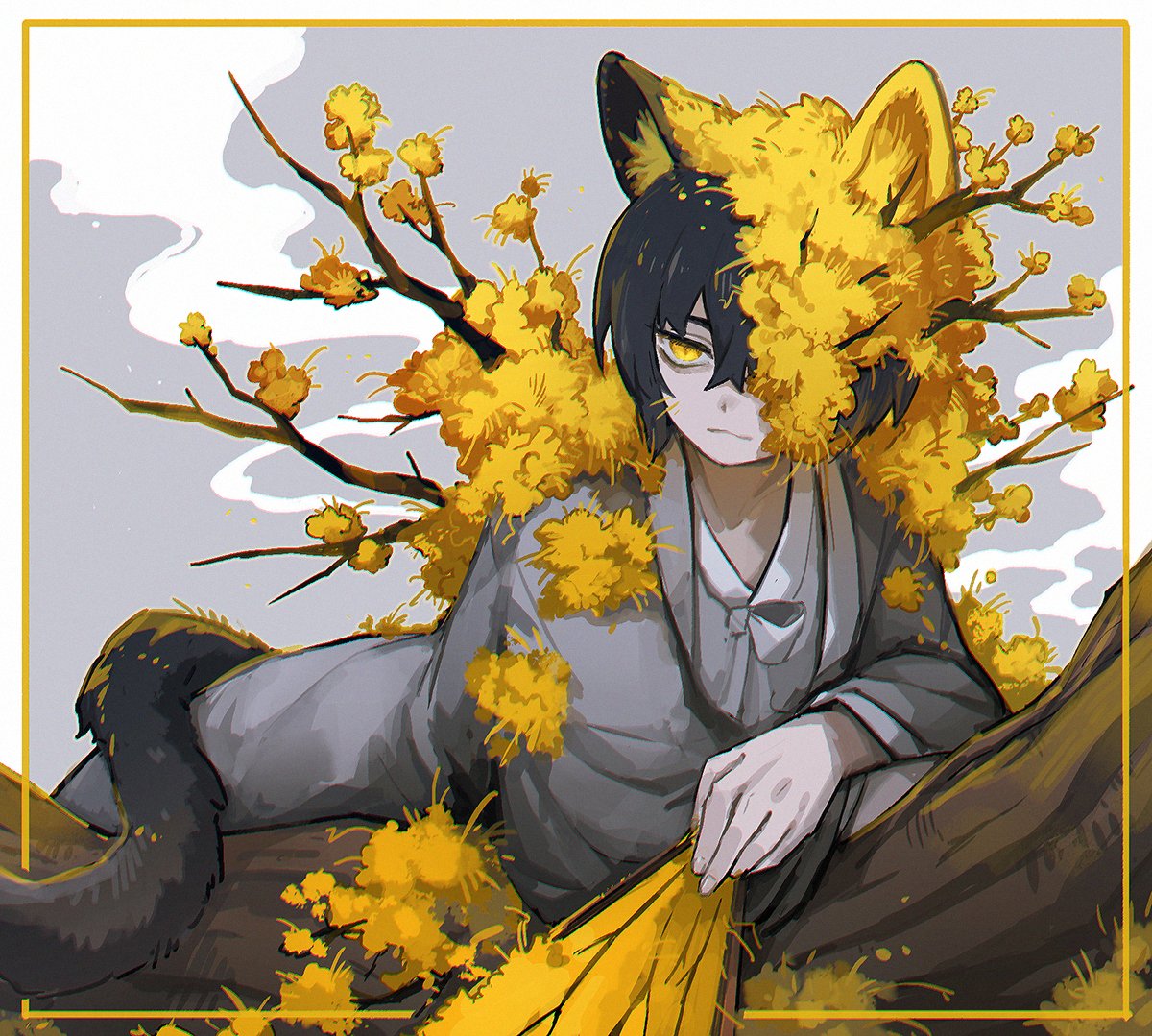1boy, animal_ears, black_hair, branch, cat_ears, cat_tail, crossed_arms, e.g.o_(project_moon)