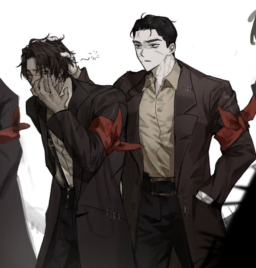 2boys, belt, belt_buckle, black_belt, black_pants, brown_coat, brown_shirt, buckle