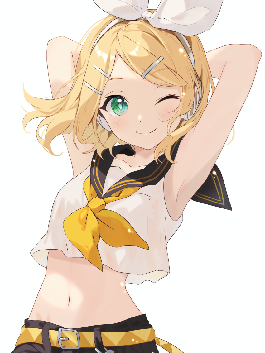 1girl, ;), absurdres, aqua_eyes, arm_up, arms_behind_head, belt, black_sailor_collar
