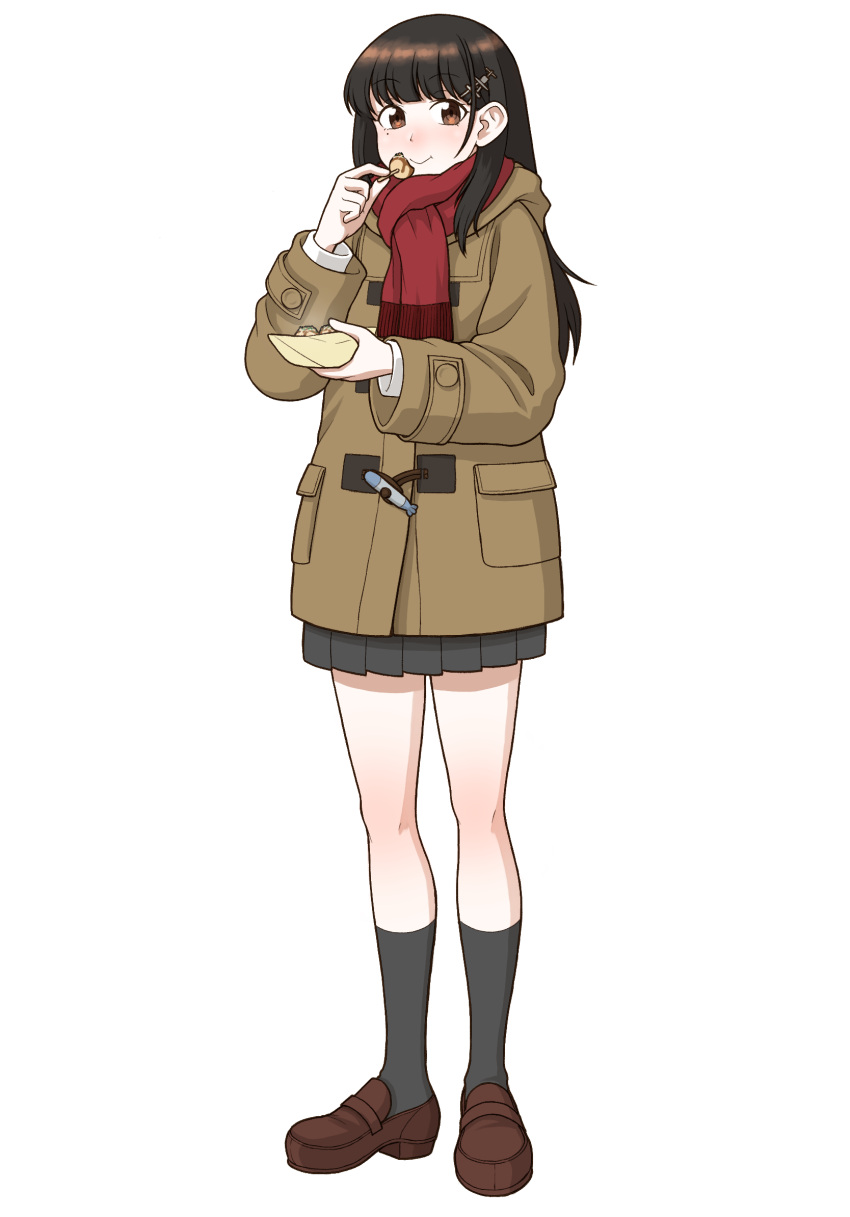 1girl, black_hair, brown_coat, brown_eyes, brown_footwear, coat, eating, full_body