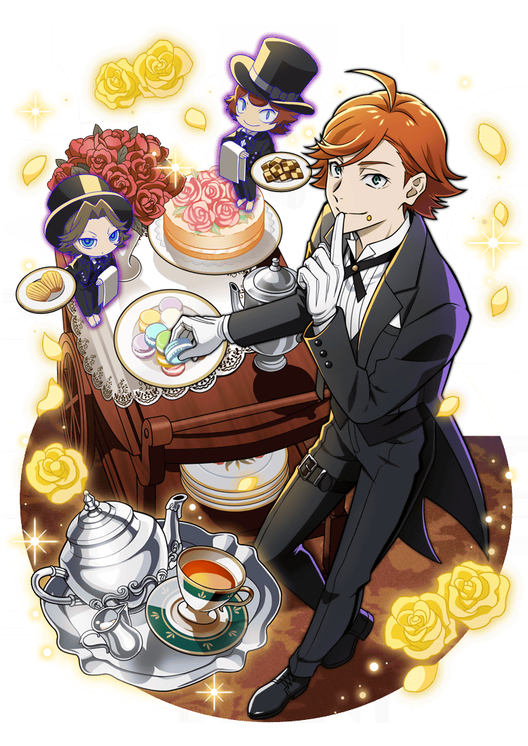 3boys, ahoge, black_footwear, black_jacket, black_pants, black_suit, blue_eyes, brown_hair