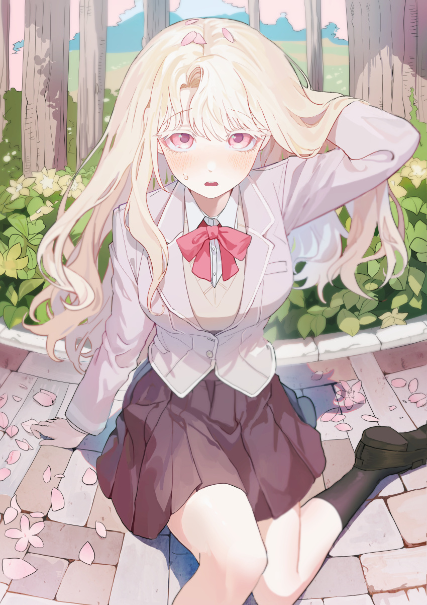 1girl, absurdres, arm_behind_head, arm_support, black_footwear, black_socks, blue_sky, blush