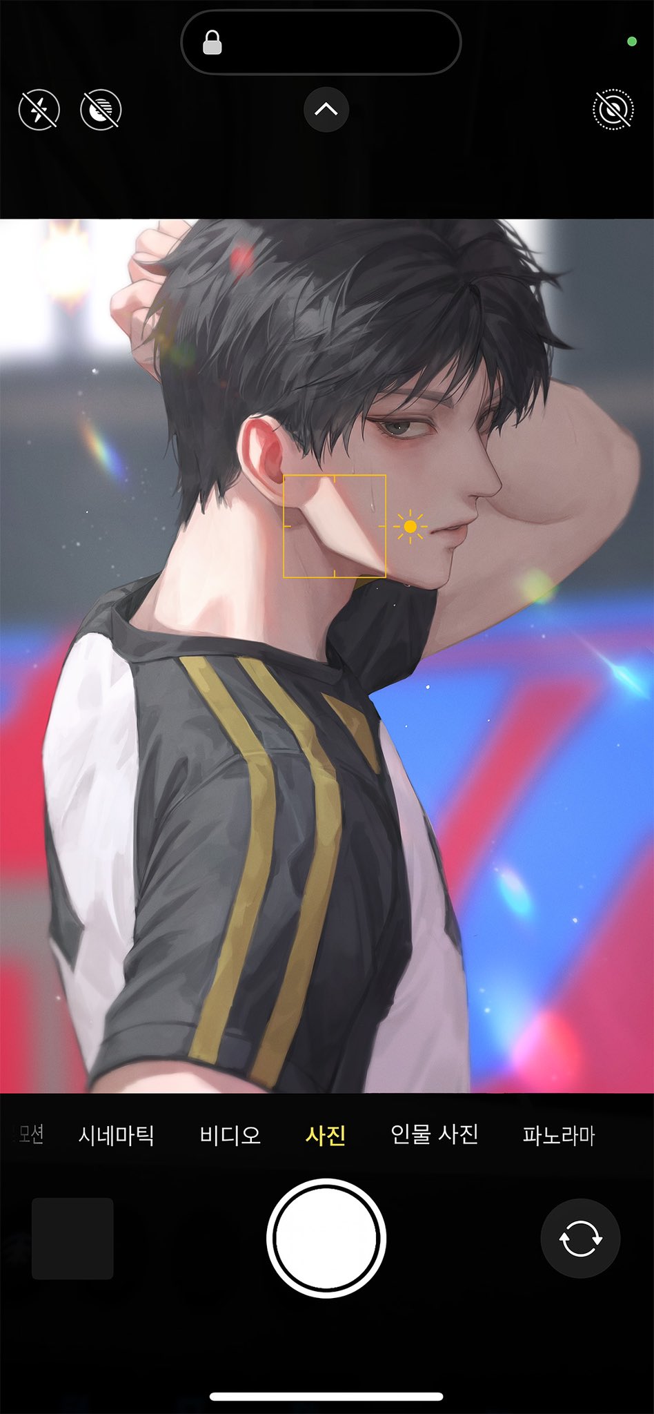 1boy, akaashi_keiji, arm_behind_head, black_border, black_eyes, black_hair, border, expressionless, from_side, haikyuu!!, highres, jaeun_38, korean_commentary, looking_at_viewer, male_focus, parted_lips, shirt, short_hair, sidelocks, solo, sweatdrop, upper_body