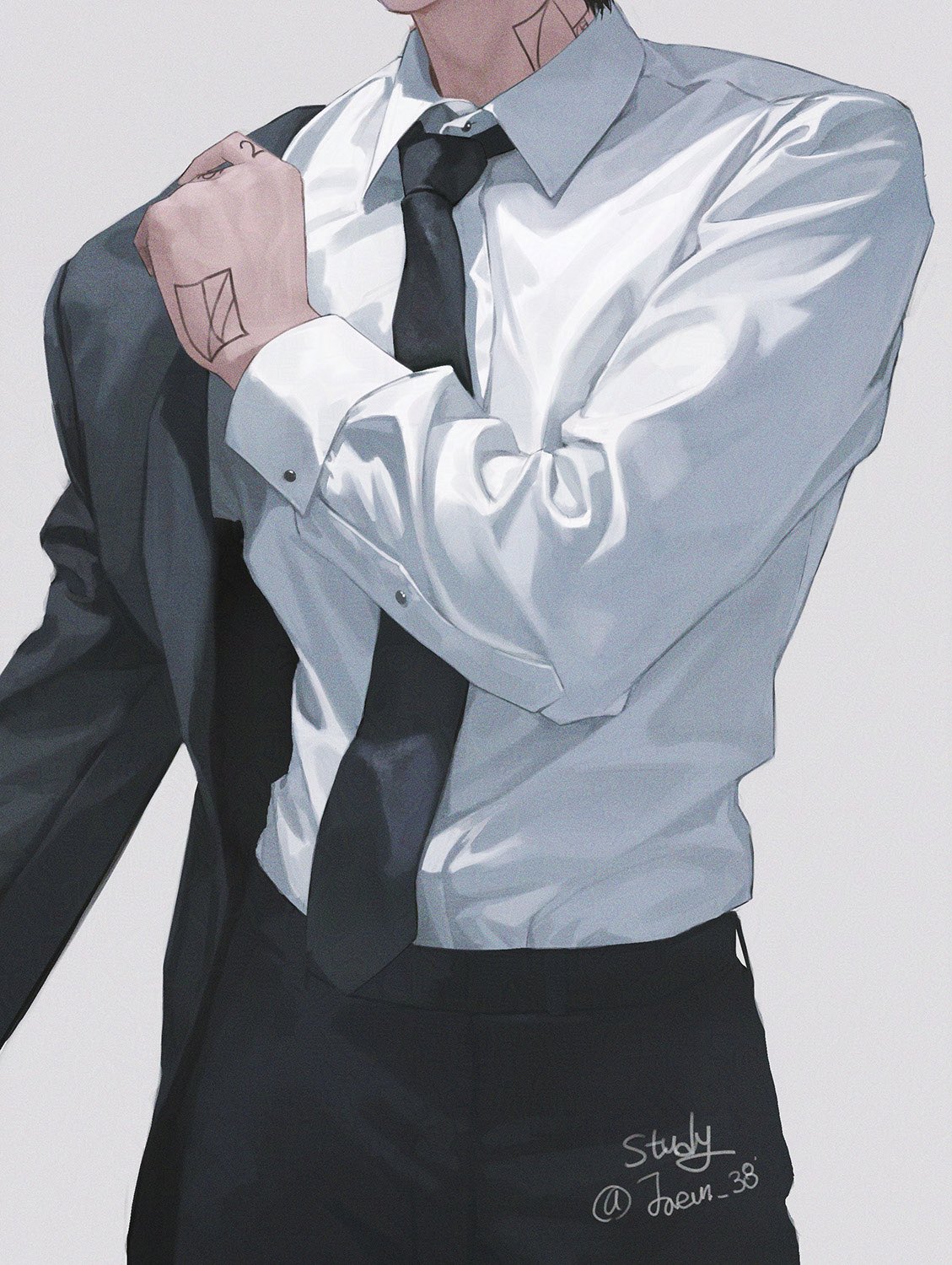 1boy, artist_name, black_jacket, black_necktie, black_pants, grey_background, head_out_of_frame, highres