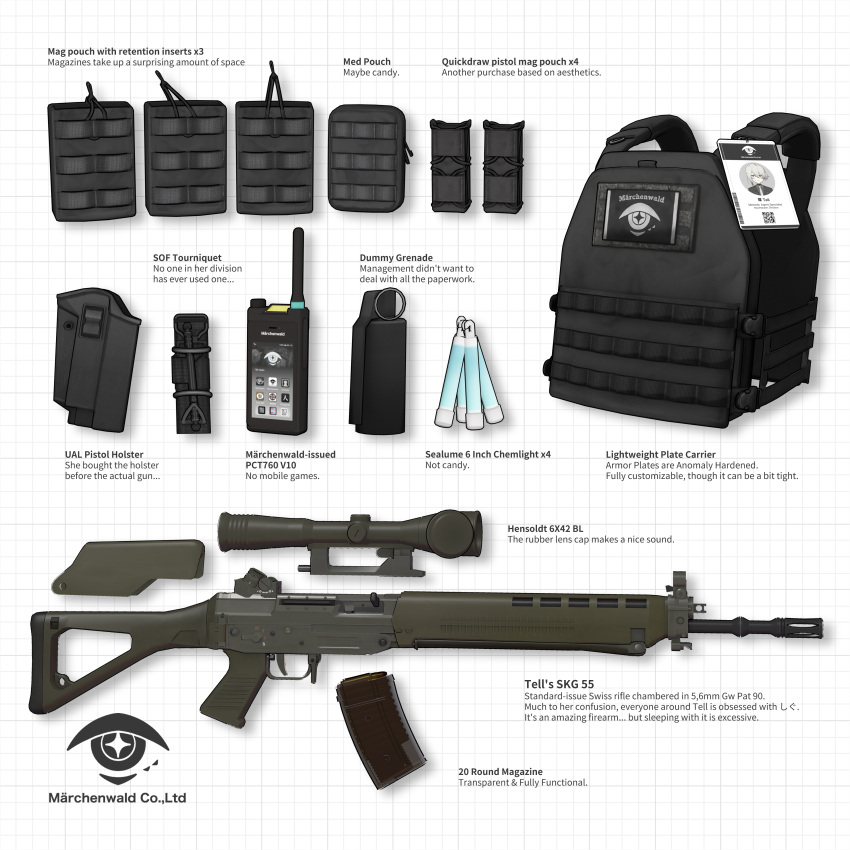 absurdres, ammunition_pouch, assault_rifle, barcode, blue_eyes, cellphone, character_name, collared_shirt