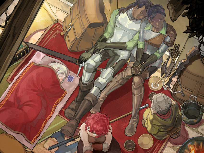 2boys, 3girls, armor, arrow_(projectile), backpack, bag, black_hair, boots
