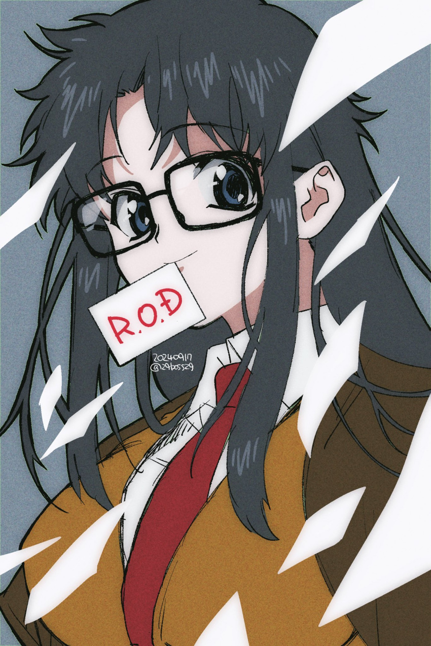 1girl, 29boss29, black-framed_eyewear, black_hair, breasts, brown_vest, coat, flying_paper