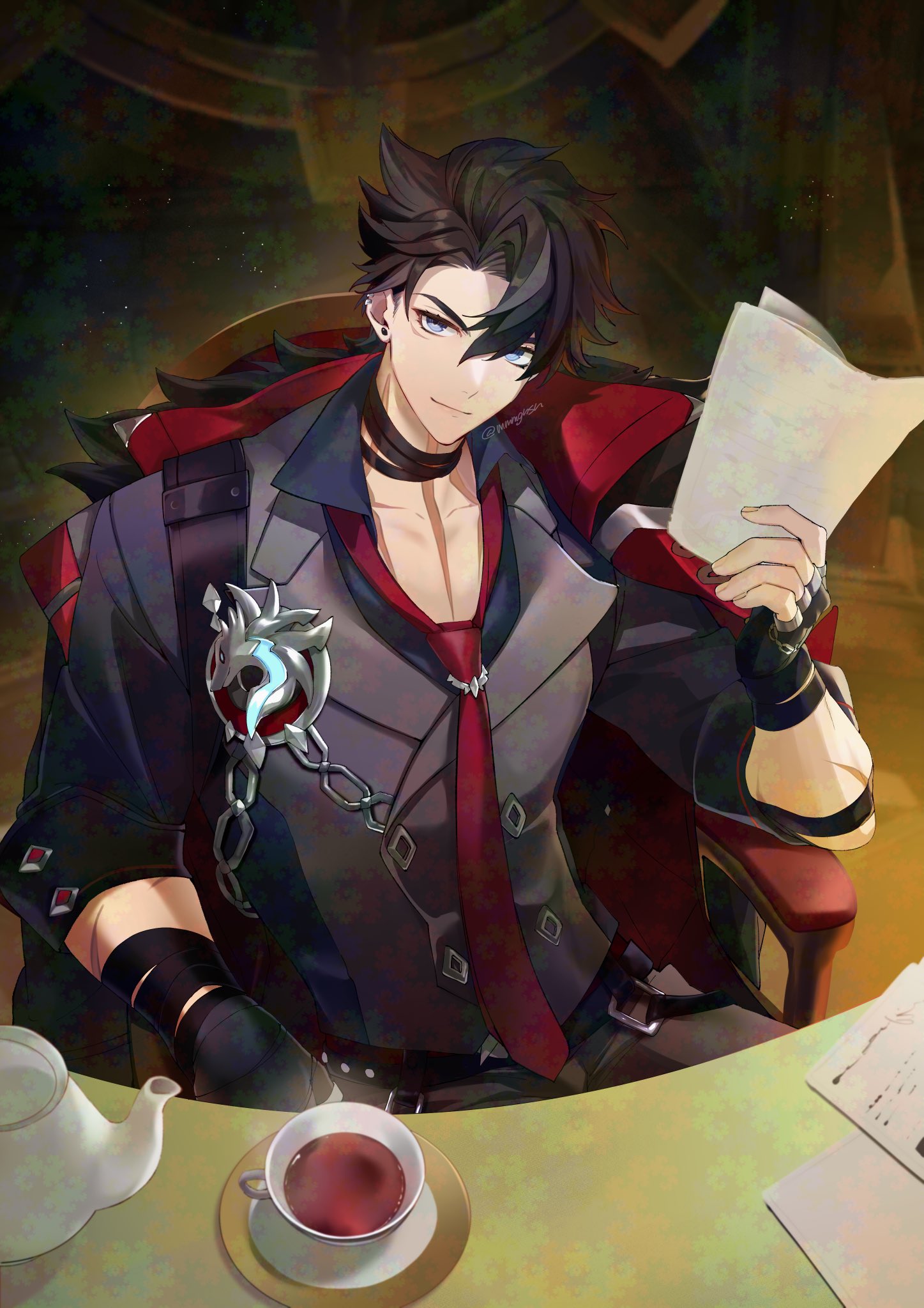 1boy, artist_name, bandaged_arm, bandaged_neck, bandages, black_coat, black_gloves, black_hair