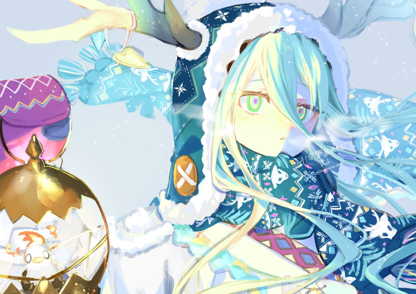 1girl, @_@, absurdres, antler_ornament, antlers, antlers_through_headwear, beanie, bird