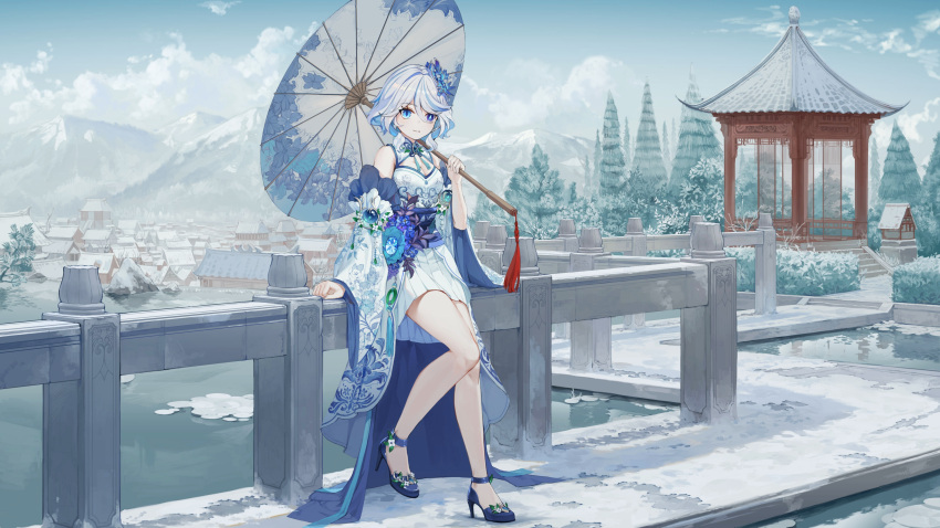 1girl, absurdres, alternate_costume, architecture, bare_legs, bare_shoulders, blue_eyes, blue_footwear, blue_hair, blue_pupils, blue_theme, breasts, china_dress, chinese_clothes, closed_mouth, commentary_request, day, dress, drop-shaped_pupils, dyed_bangs, flower, full_body, furina_(genshin_impact), genshin_impact, hair_flower, hair_ornament, heterochromia, high_heels, highres, holding, holding_umbrella, lake, looking_at_viewer, miao_shang_san_xiao, mountain, multicolored_hair, oil-paper_umbrella, outdoors, pavilion, pine_tree, scenery, short_hair, sitting, sky, snow, solo, streaked_hair, symbol-shaped_pupils, tassel, tree, umbrella, white_dress, white_hair, wide_sleeves