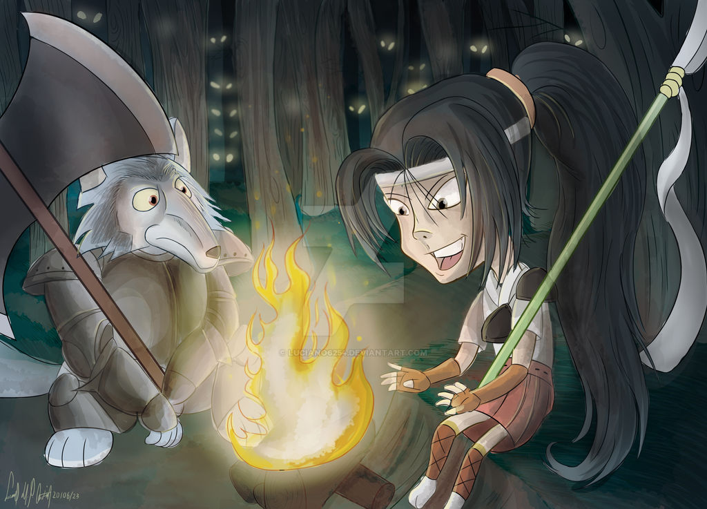 1girl, axe, black_hair, boris_brufford, campfire, fire, forest, furry