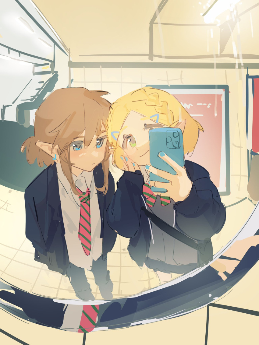 1boy, 1girl, alternate_costume, black_jacket, blazer, blonde_hair, blue_eyes, blue_nails