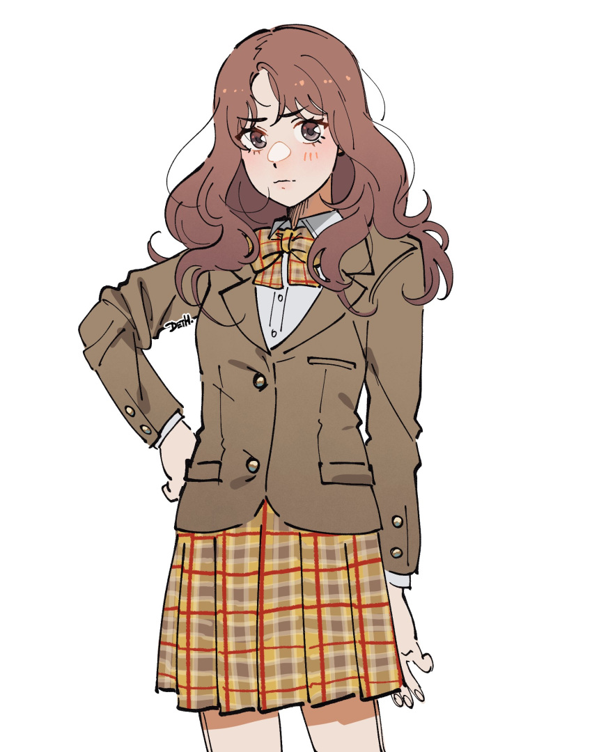 1girl, blazer, blue_reflection_(series), blue_reflection_tie, blush, bow, brown_eyes, brown_hair, brown_jacket, closed_mouth, collared_shirt, hand_on_own_hip, highres, jacket, johan_(deathamaranth), looking_at_viewer, miyauchi_rena, plaid_bow, plaid_clothes, plaid_skirt, pleated_skirt, school_uniform, shirt, simple_background, skirt, solo, white_background, white_shirt, yellow_bow, yellow_skirt