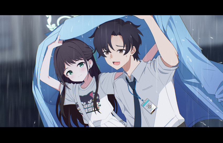 1boy, 1girl, absurdres, airi_(band)_(blue_archive), airi_(blue_archive), arms_up, bag, belt, black_hair, blue_archive, blue_jacket, blue_necktie, blurry, blurry_background, blush, bow, brown_eyes, chain, collared_shirt, commentary_request, english_commentary, green_bow, green_eyes, green_halo, hair_bow, halo, highres, holding, id_card, jacket, korean_commentary, letterboxed, long_hair, necktie, official_alternate_costume, open_clothes, open_jacket, open_mouth, outdoors, oversized_jacket, poorunii, rain, schale_logo, sensei_(blue_archive), sensei_(blue_archive_the_animation), shirt, short_hair, short_sleeves, shoulder_bag, skirt, smile, sweatdrop, t-shirt, upper_body, white_shirt, white_skirt