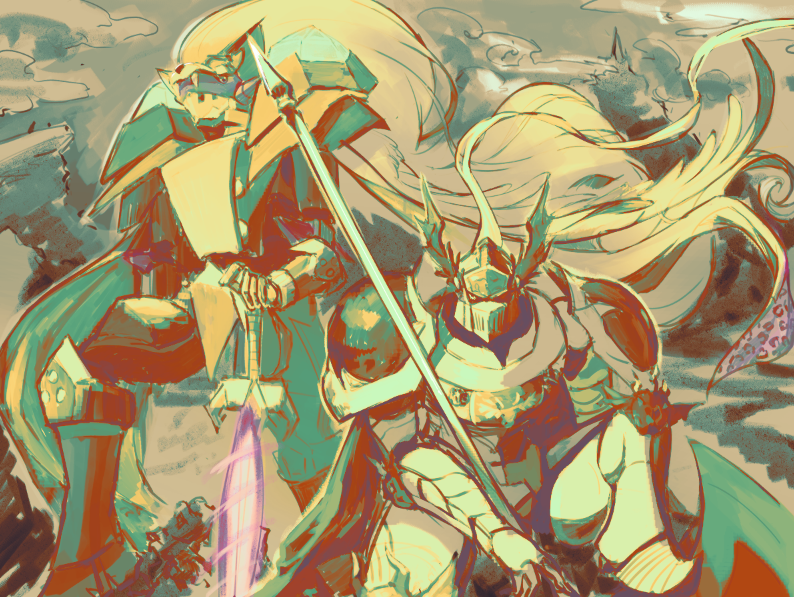 armor, ctk_tamer, digimon, digimon_(creature), duftmon, holding, holding_polearm, holding_sword, holding_weapon, knight, limited_palette, long_hair, medievaldukemon, polearm, sitting, sword, weapon