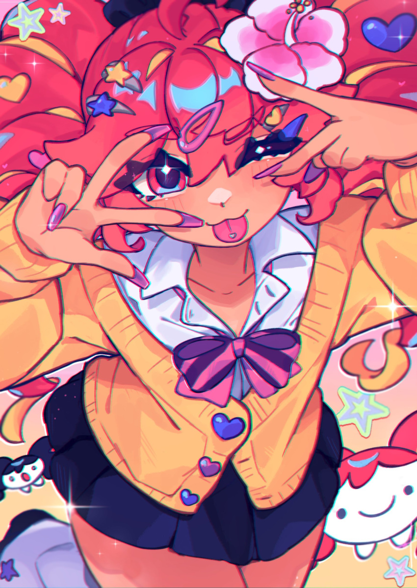 1girl, absurdres, ahoge, alternate_costume, blue_skirt, blush_stickers, bow, bowtie, brown_sweater_vest, buttons, chibi, drill_hair, fake_nails, fingernails, flower, gyaru, gyaru_v, hair_flower, hair_ornament, heart_button, highres, kasane_teto, long_fingernails, long_sleeves, miniskirt, momoiiroo, multicolored_background, nail_polish, one_eye_closed, red_bow, red_bowtie, red_eyes, redhead, school_uniform, short_hair, skirt, sparkling_eyes, star_(symbol), star_hair_ornament, sweater_vest, thick_eyelashes, thighs, tongue, tongue_out, twin_drills, twintails, upper_body, utau, v, white_footwear