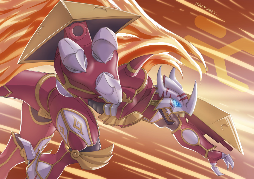 absurdres, arm_cannon, armor, blue_eyes, digimon, digimon_(creature), dragon, fiery_wings, from_side, helmet, highres, red_armor, sharp_teeth, solo, teeth, twitter_username, vritramon, wata_neji, weapon, wings