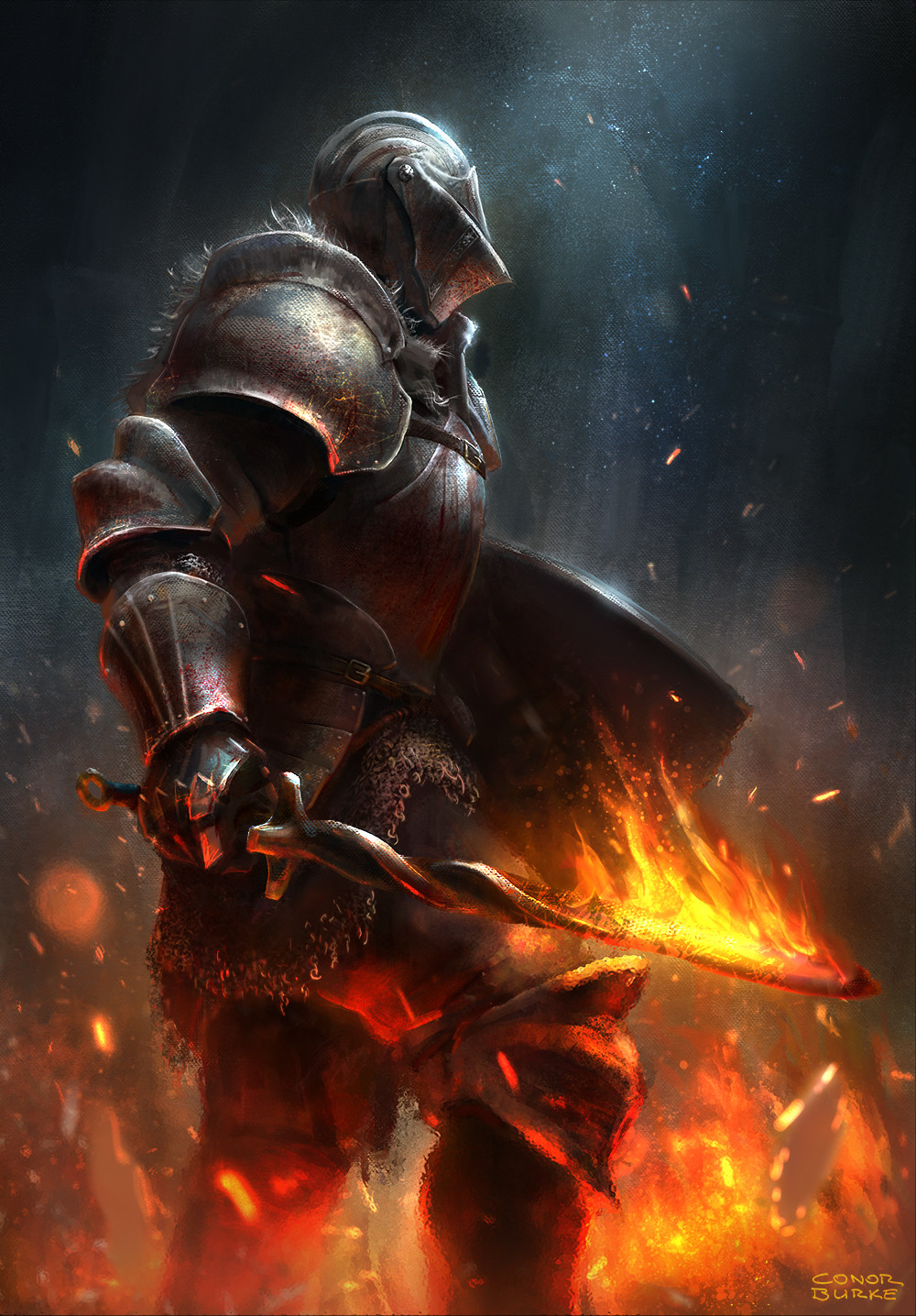 1boy, armor, ashen_one_(dark_souls), breastplate, chainmail, coiled_sword, commentary, conor_burke