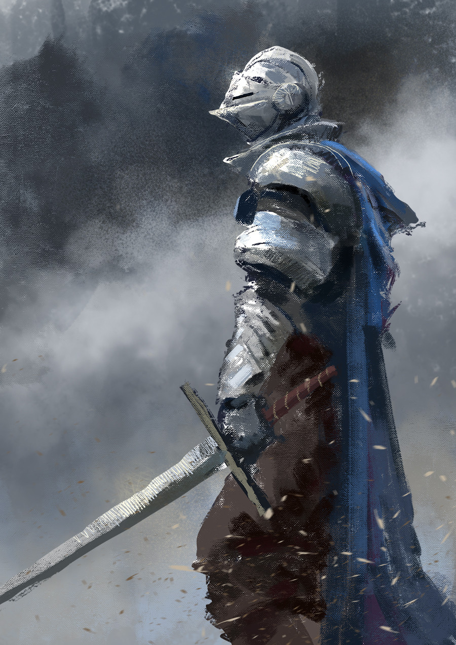 1boy, abstract_background, armor, brown_pants, cape, commentary, conor_burke, english_commentary, fantasy, from_side, full_body, gauntlets, glint, grey_background, helm, helmet, highres, holding, holding_sword, holding_weapon, knight, original, pants, pauldrons, shoulder_armor, solo, speedpaint, sword, weapon