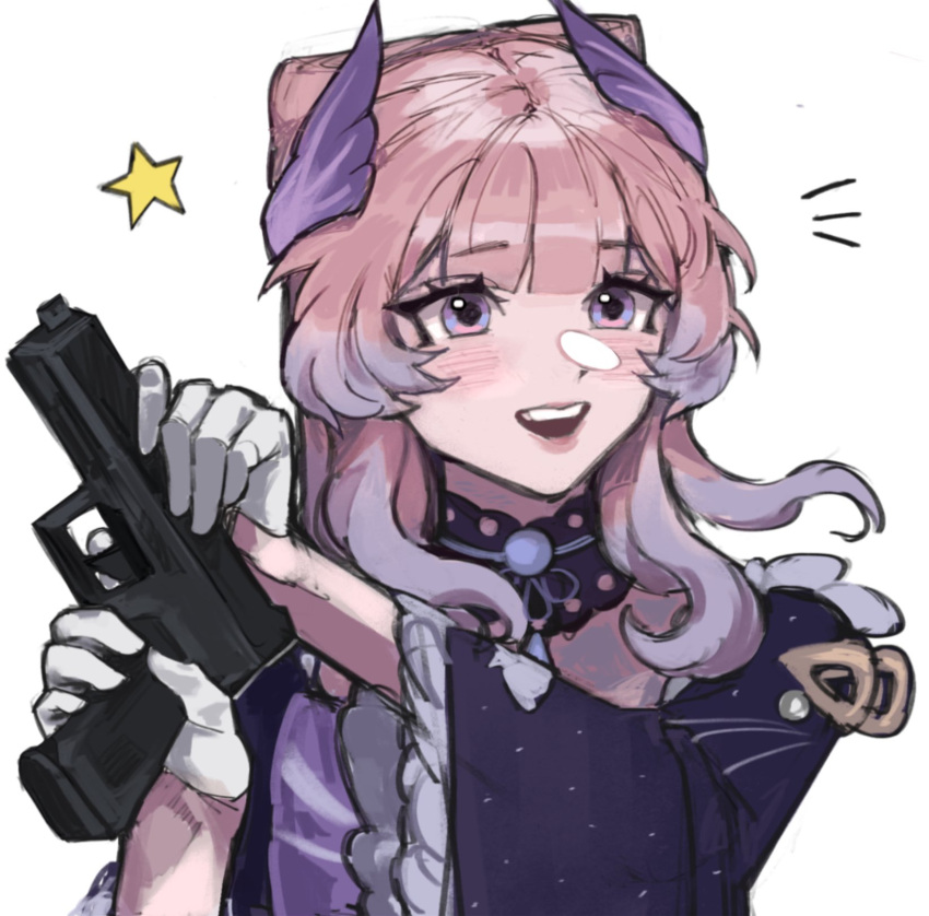 1girl, :d, blue_dress, choker, commentary, dress, genshin_impact, gloves