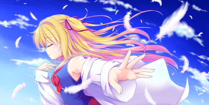 1girl, blonde_hair, blue_shirt, closed_eyes, clouds, coat, day, falling_feathers, favorite_(company), feathers, hair_ribbon, highres, irotoridori_no_sekai, lab_coat, nikaidou_shinku, nyolo, open_clothes, open_coat, outstretched_hand, red_ribbon, red_skirt, ribbon, school_uniform, serafuku, shirt, skirt, solo