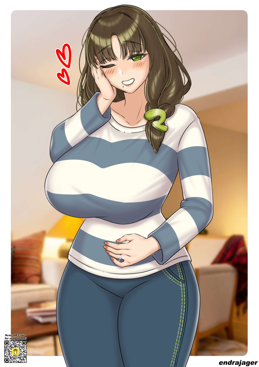 1girl, artist_name, blue_pants, breasts, brown_hair, collarbone, cowboy_shot, endrajager03, english_commentary, glint, green_eyes, hand_on_own_cheek, hand_on_own_face, hand_on_own_stomach, heart, highres, indie_virtual_youtuber, jewelry, large_breasts, looking_at_viewer, mature_female, medium_hair, outside_border, pants, parted_bangs, photo_background, pink_nails, qr_code, ring, smile, solo, tsukushibara_sumine, virtual_youtuber, white_background