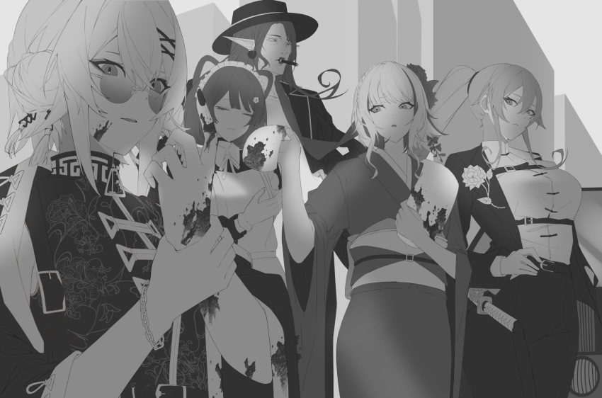 1boy, 4girls, alternate_costume, ange_katrina, ange_katrina_(7th_costume), animal_ears, apron, belt