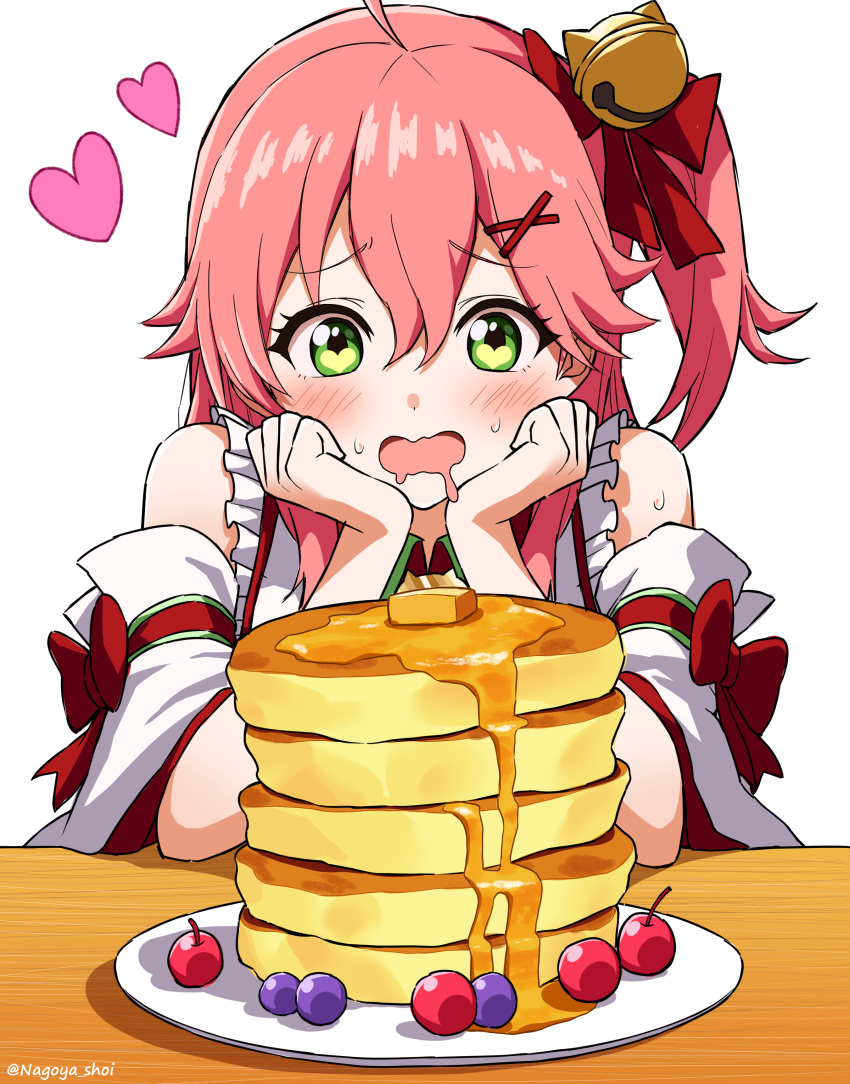 1girl, absurdres, ahoge, bell, blush, bow, cherry, clenched_hands