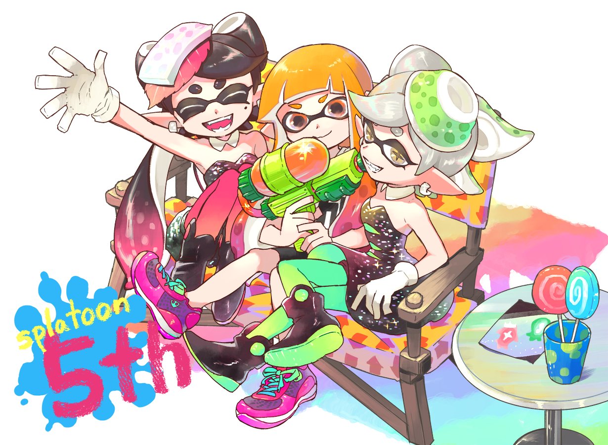 3girls, ankle_boots, anniversary, arm_up, bare_shoulders, bike_shorts, black_dress, black_footwear