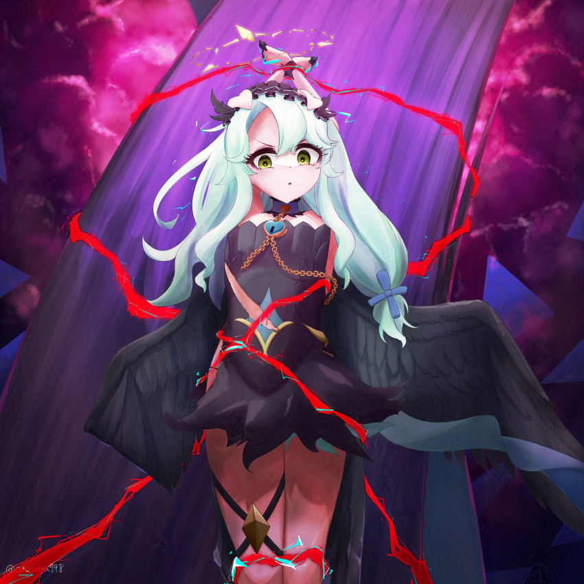 1girl, animal_ears, artist_request, black_dress, black_wings, bound, chain, choker, dress, green_hair, hairband, highres, lolita_hairband, long_hair, pig_ears, precia_(princess_connect!), princess_connect!, tied_up_(nonsexual), wings, yellow_eyes