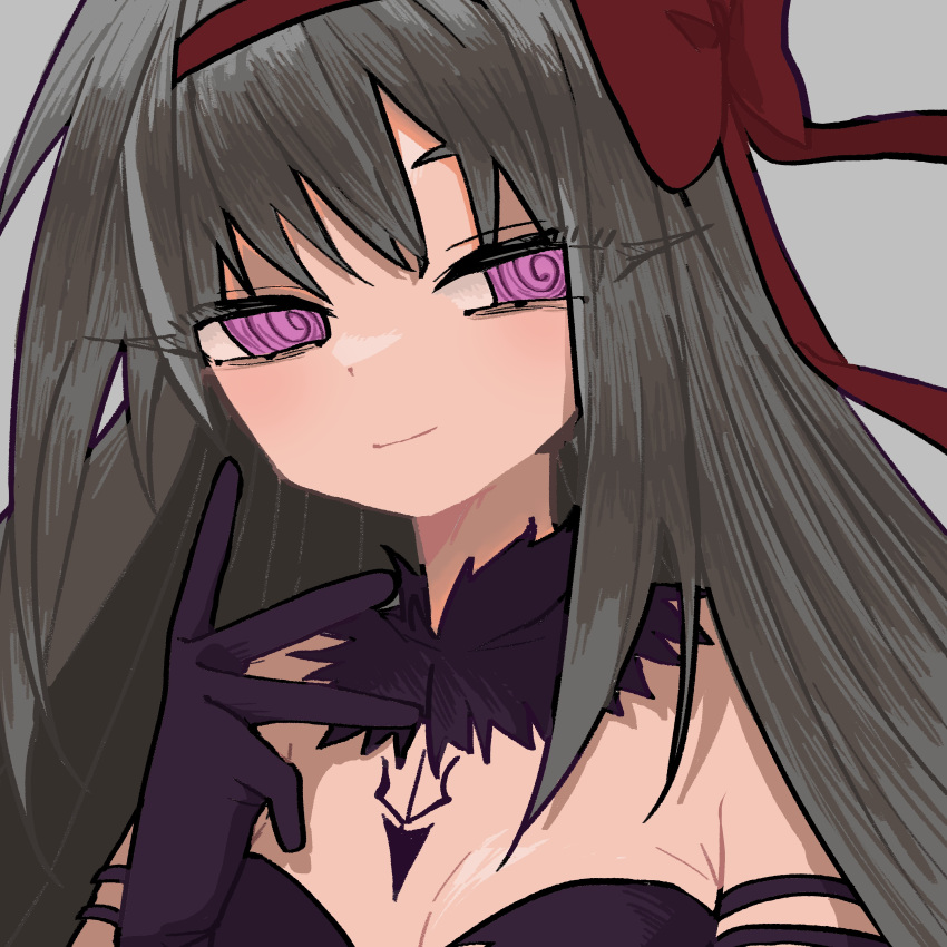 1girl, absurdres, akemi_homura, akuma_homura, bare_shoulders, black_dress, black_gloves, black_hair