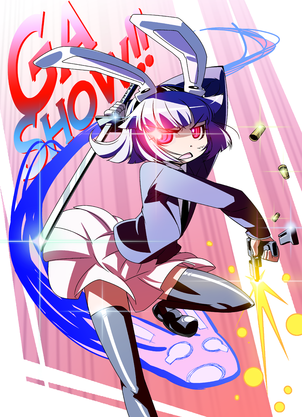 animal_ears, bunny_ears, firing, gun, highres, if_they_mated, katana, konpaku_youmu
