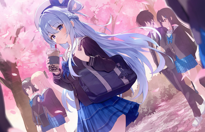 1boy, 4girls, bag, black_jacket, blazer, blue_eyes, blue_hair, blue_skirt