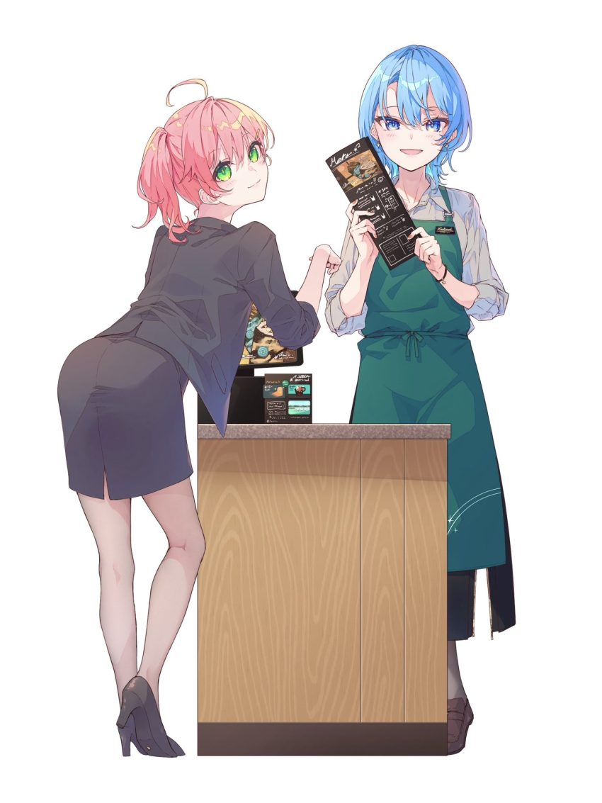 2girls, ahoge, alternate_costume, apron, black_jacket, black_skirt, blue_eyes, blue_hair