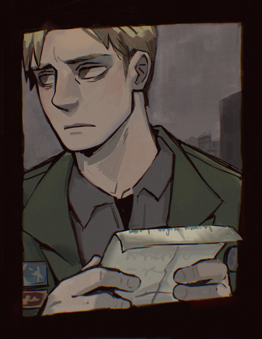 1boy, absurdres, arms_up, bags_under_eyes, black_border, black_shirt, blonde_hair, border, brown_eyes, building, collared_shirt, commentary, english_commentary, green_jacket, grey_shirt, grey_sky, highres, holding, holding_paper, hugsandstabbies, jacket, james_sunderland, lapels, layered_clothes, looking_to_the_side, male_focus, paper, shirt, sideburns, silent_hill_(series), silent_hill_2, sky, solo, upper_body, wing_collar