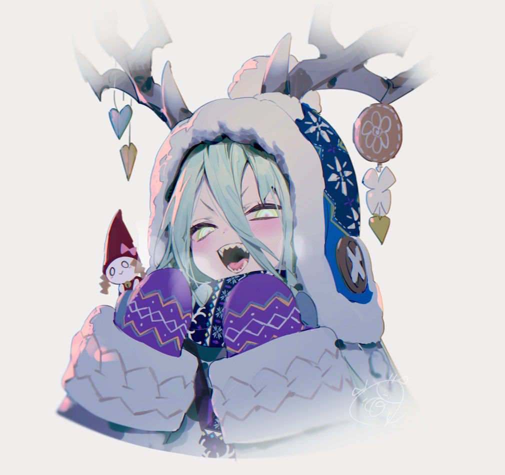 1girl, antlers, beanie, blue_hat, blue_scarf, blush, breasts, bukurote