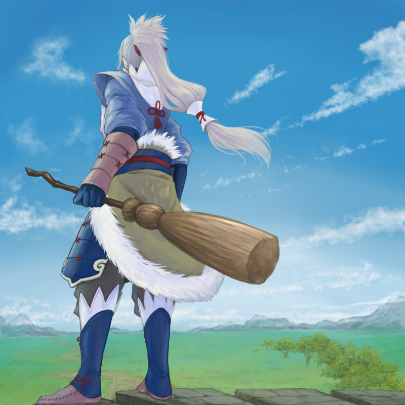 1boy, broom, fe_baragaki05, fire_emblem, fire_emblem_fates, grey_hair, hair_ribbon, high_ponytail