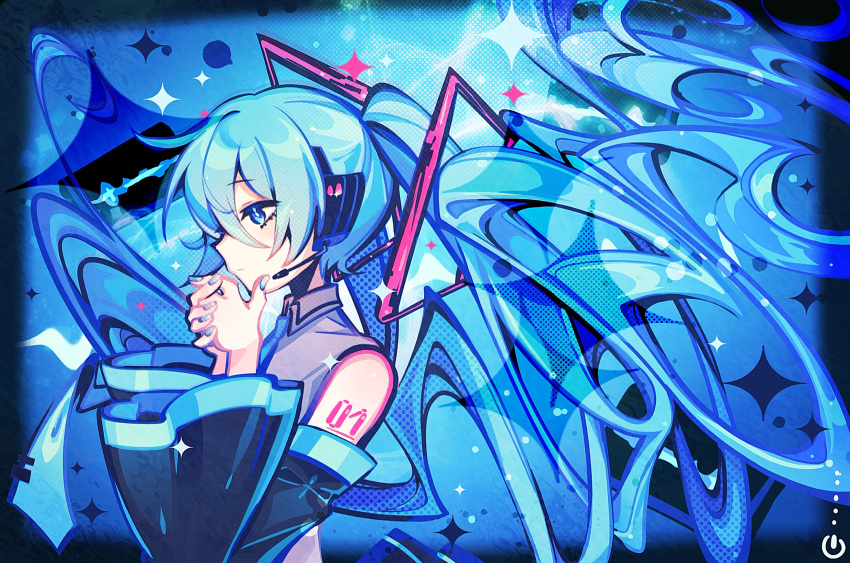 1girl, anzu_(anzuhan), arm_tattoo, bare_shoulders, black_sleeves, blue_eyes, blue_hair, blue_nails