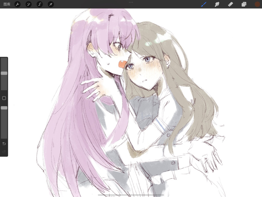 2girls, art_program_in_frame, bang_dream!, bang_dream!_it's_mygo!!!!!, blue_eyes, blush, brown_hair, chihaya_anon, commentary, ear_blush, fang, grey_eyes, hand_in_another's_hair, hashtag-only_commentary, highres, long_hair, looking_at_another, multiple_girls, nagasaki_soyo, open_mouth, pink_hair, rukamikusuki, short_sleeves, simple_background, sweatdrop, unfinished, white_background, yuri
